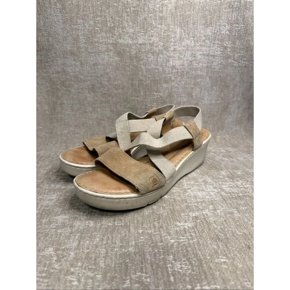 Born Women's Suede Leather Strappy Platform Wedge Slingback Sandals Tan Size 9M